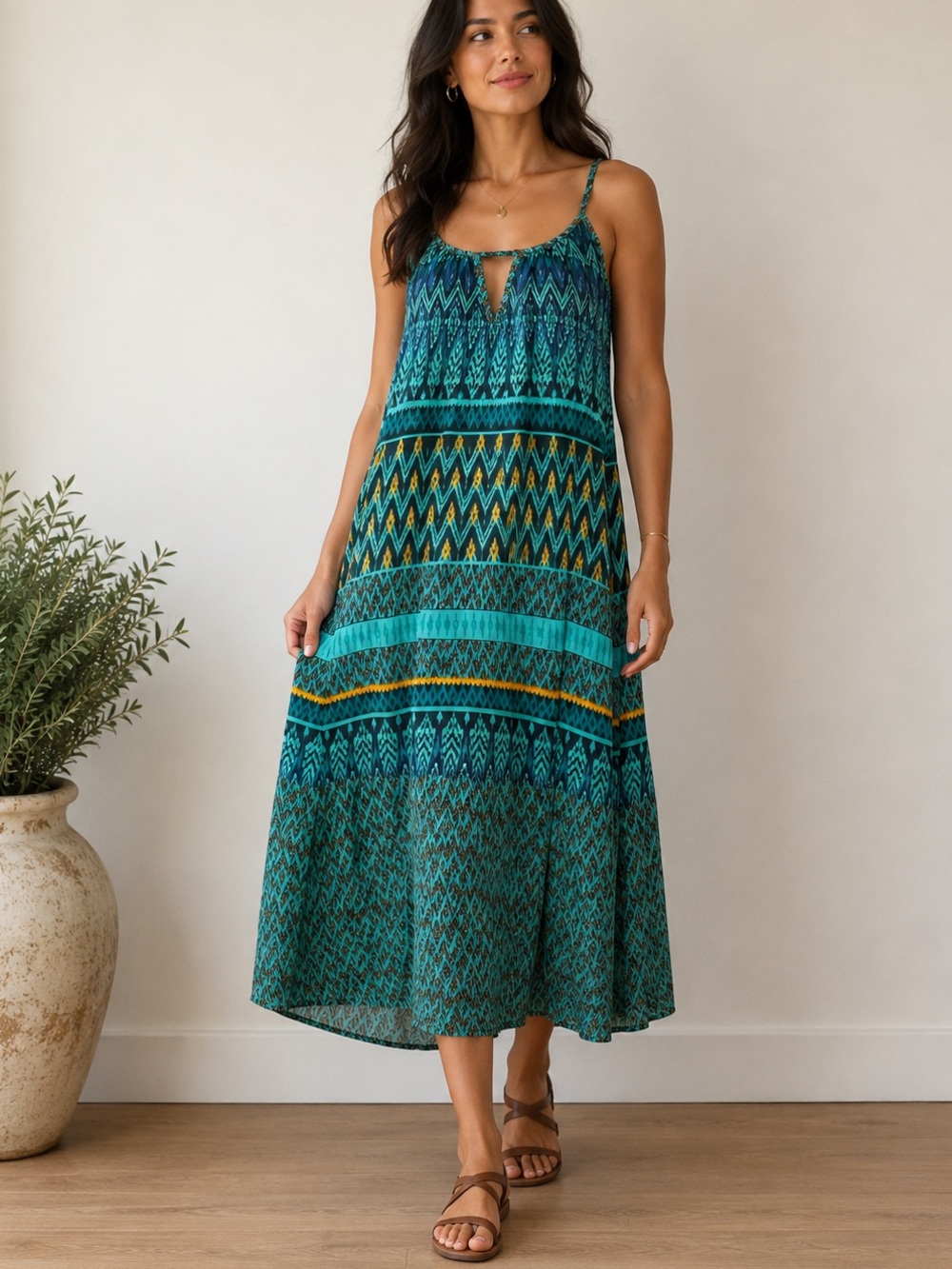 prAna Nari Midi Dress in a vibrant green and blue geometric/tribal pattern - Picture 1 of 6